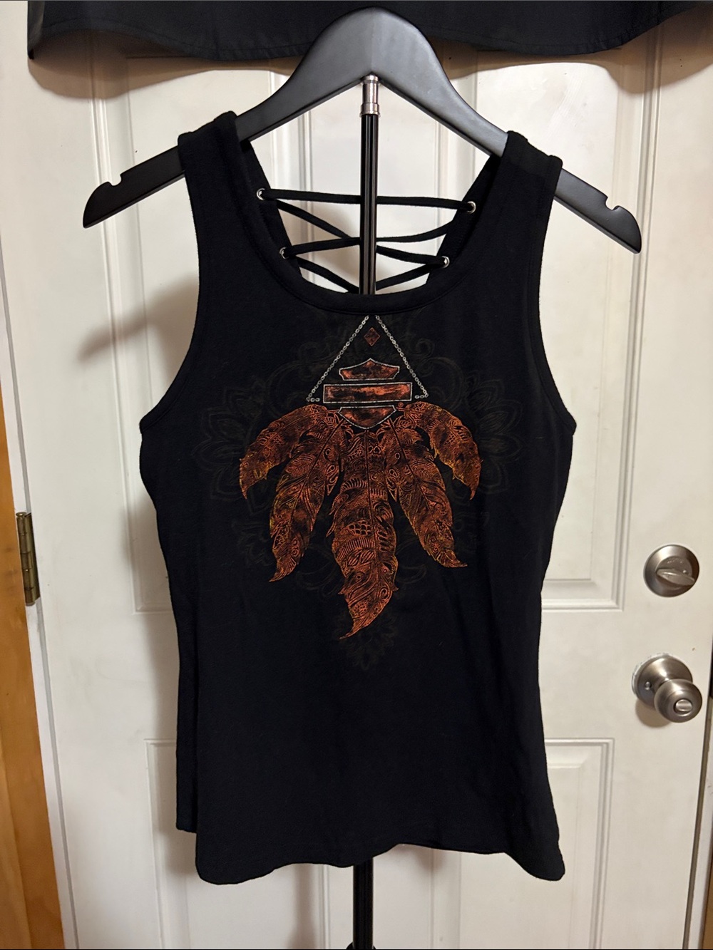 Harley Davidson Feather Lace Up Back Black Tank